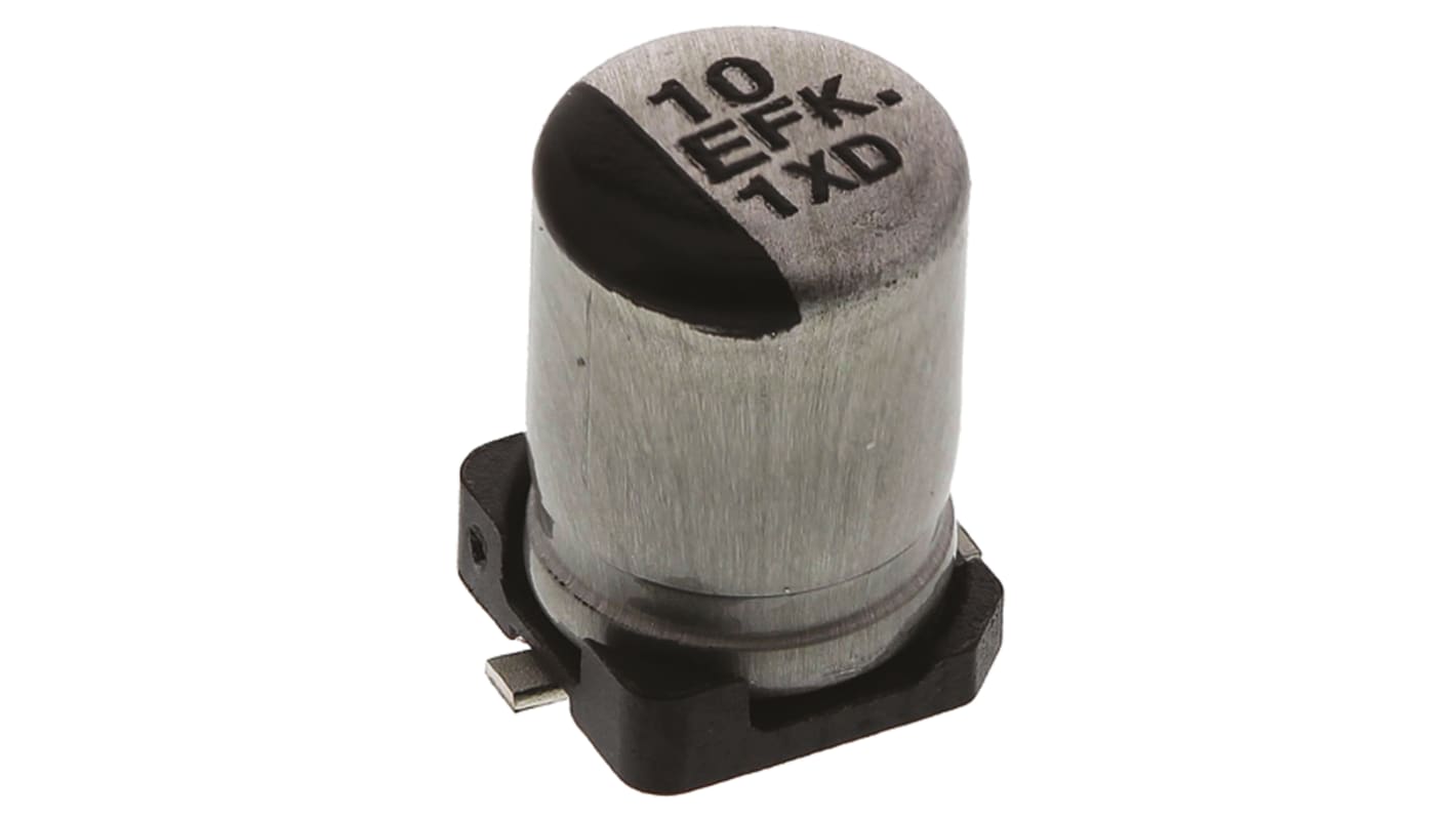 Condensador electrolítico Panasonic serie FK SMD, 10μF, ±20%, 25V dc, mont. SMD, 4 (Dia.) x 5.8mm, paso 1mm