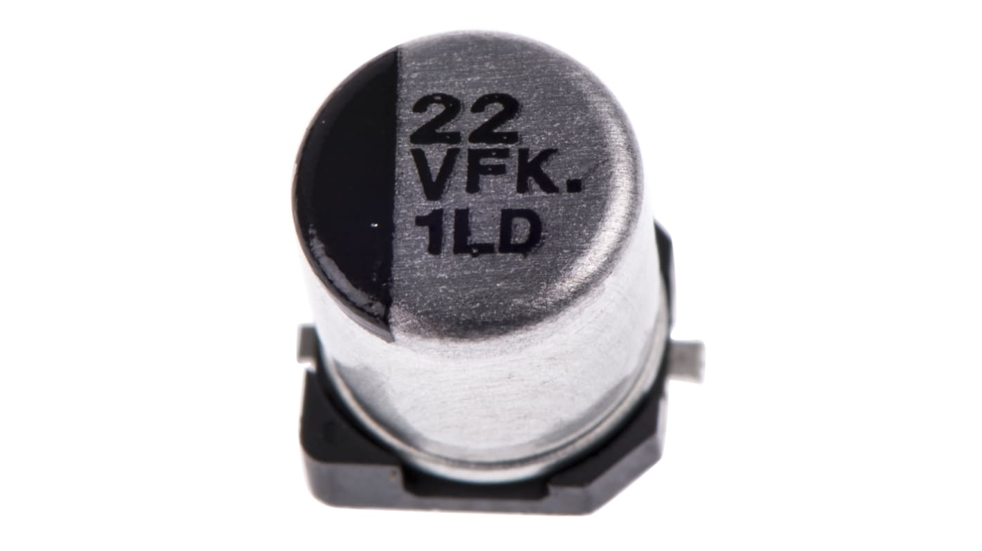 Condensador electrolítico Panasonic serie FK SMD, 22μF, ±20%, 35V dc, mont. SMD, 5 (Dia.) x 5.8mm, paso 1.5mm