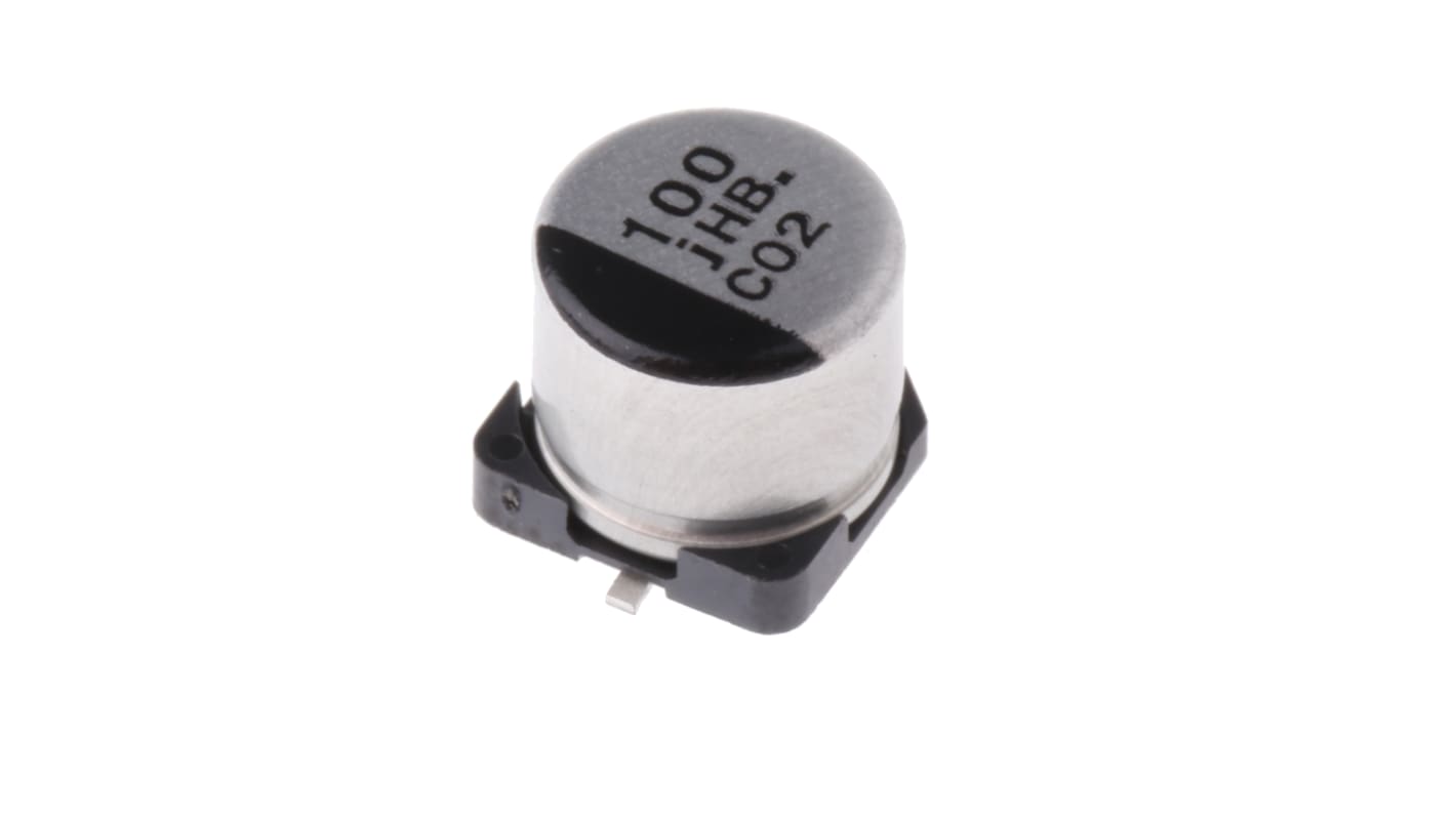 Condensador electrolítico Panasonic serie HB SMD, 100μF, ±20%, 6.3V dc, mont. SMD, 6.3 (Dia.) x 5.8mm