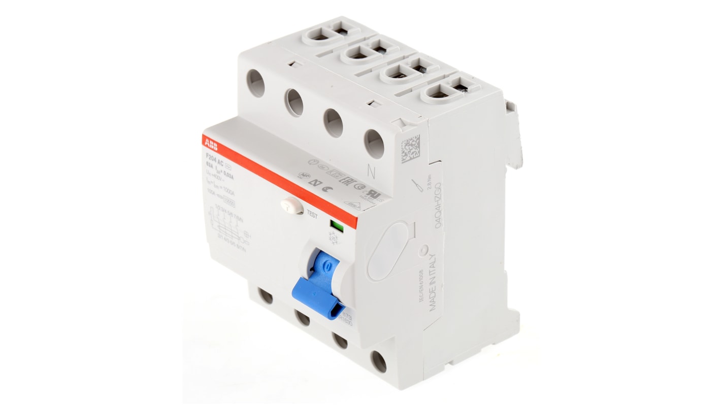 ABB F200 RCCB, 63A, 4 Pole, 30mA, Type AC