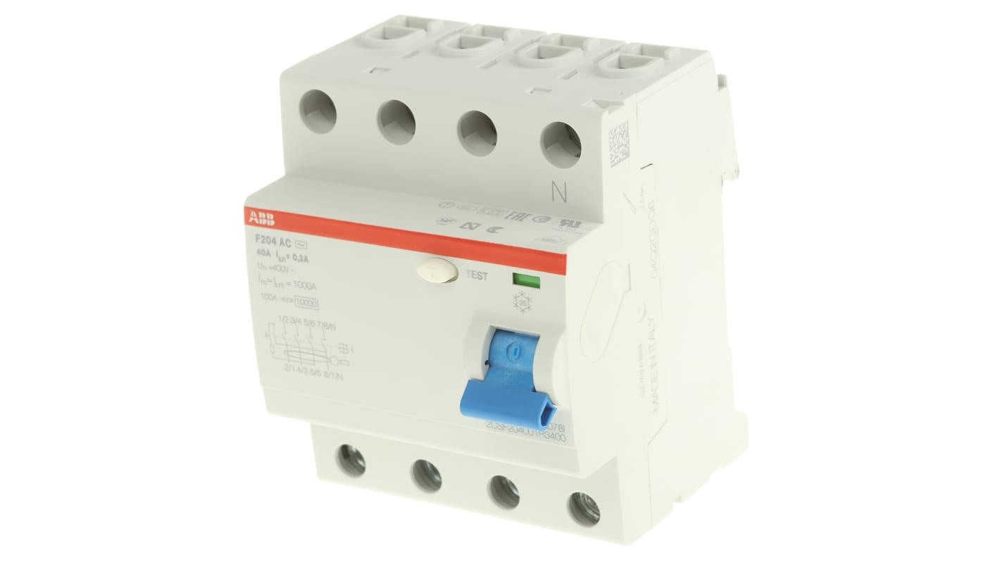 ABB F200 RCCB, 40A, 4 Pole, 300mA, Type AC