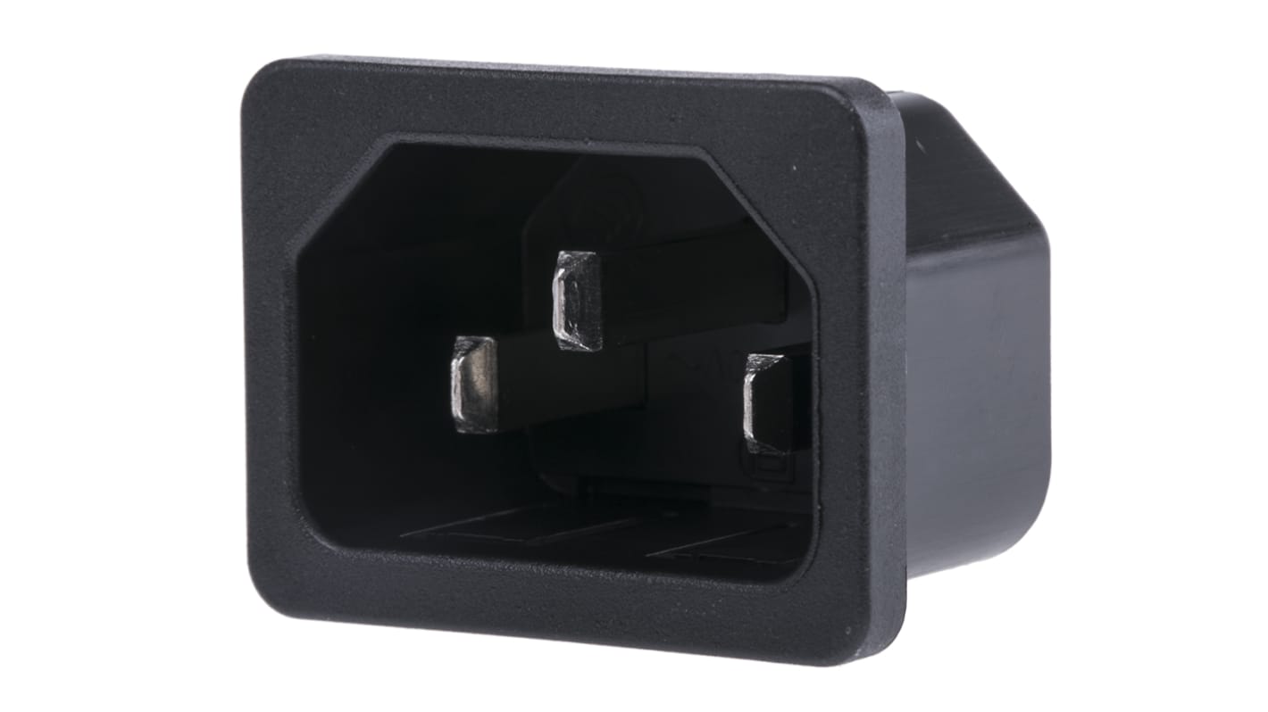 Conector IEC C14 macho Schurter, Ángulo recto, Encaje a Presión, 250 V, 15A