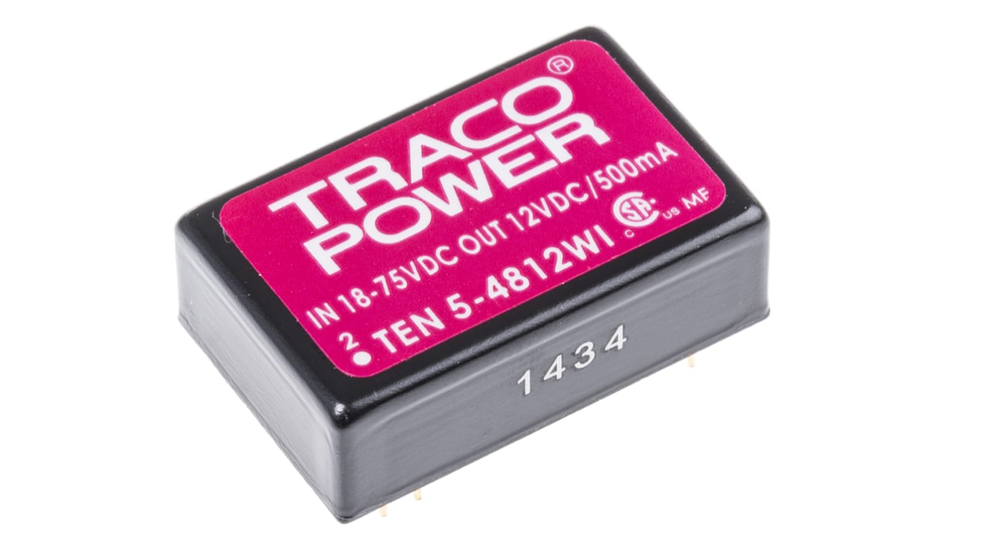 TRACOPOWER TEN 5WI DC-DC Converter, 12V dc/ 500mA Output, 18 → 75 V dc Input, 6W, Through Hole, +85°C Max Temp