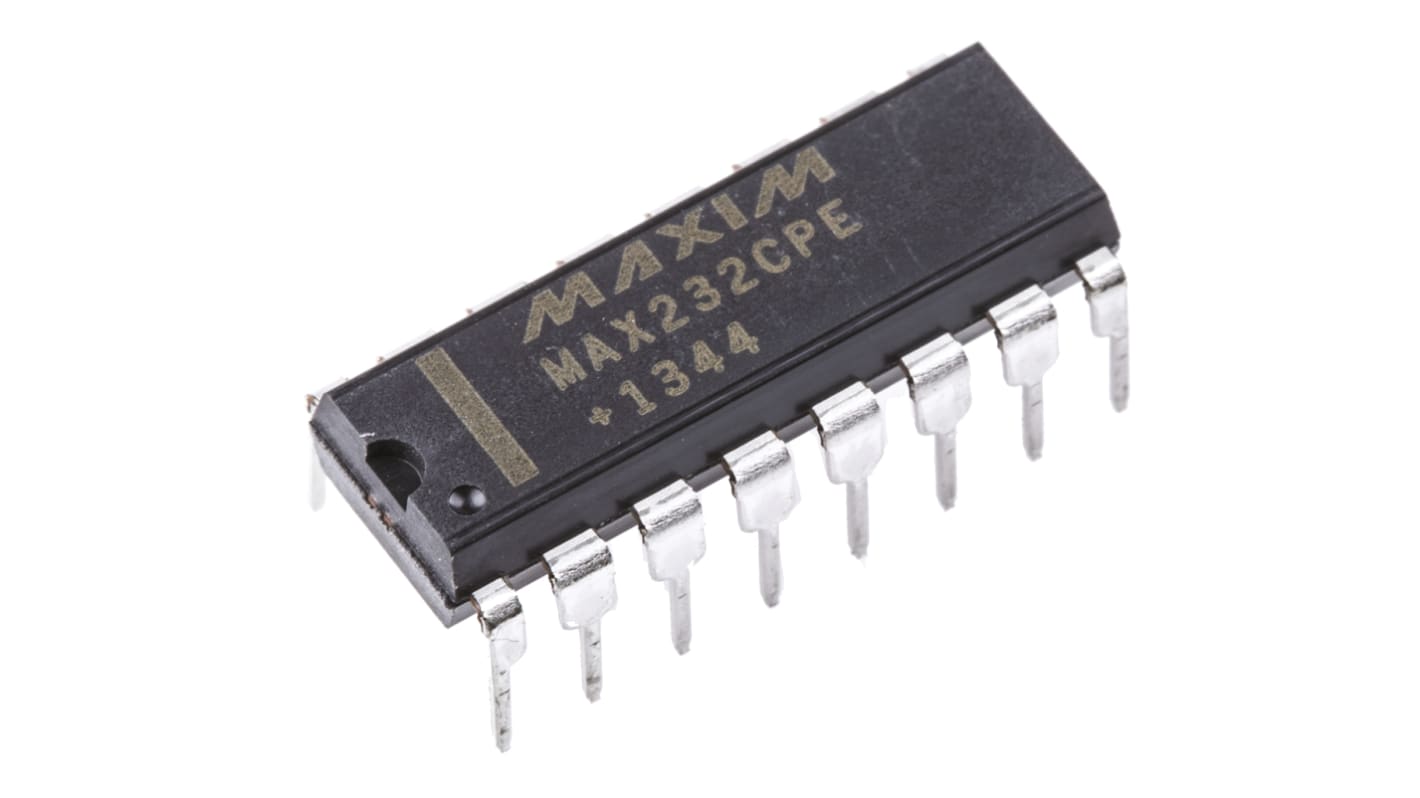 Maxim MAX232CPE+, Line Transceiver, EIA/TIA-232-E/ RS-232/ V.24/ V.28 2-TX 2-RX, 5 V, 16-Pin PDIP