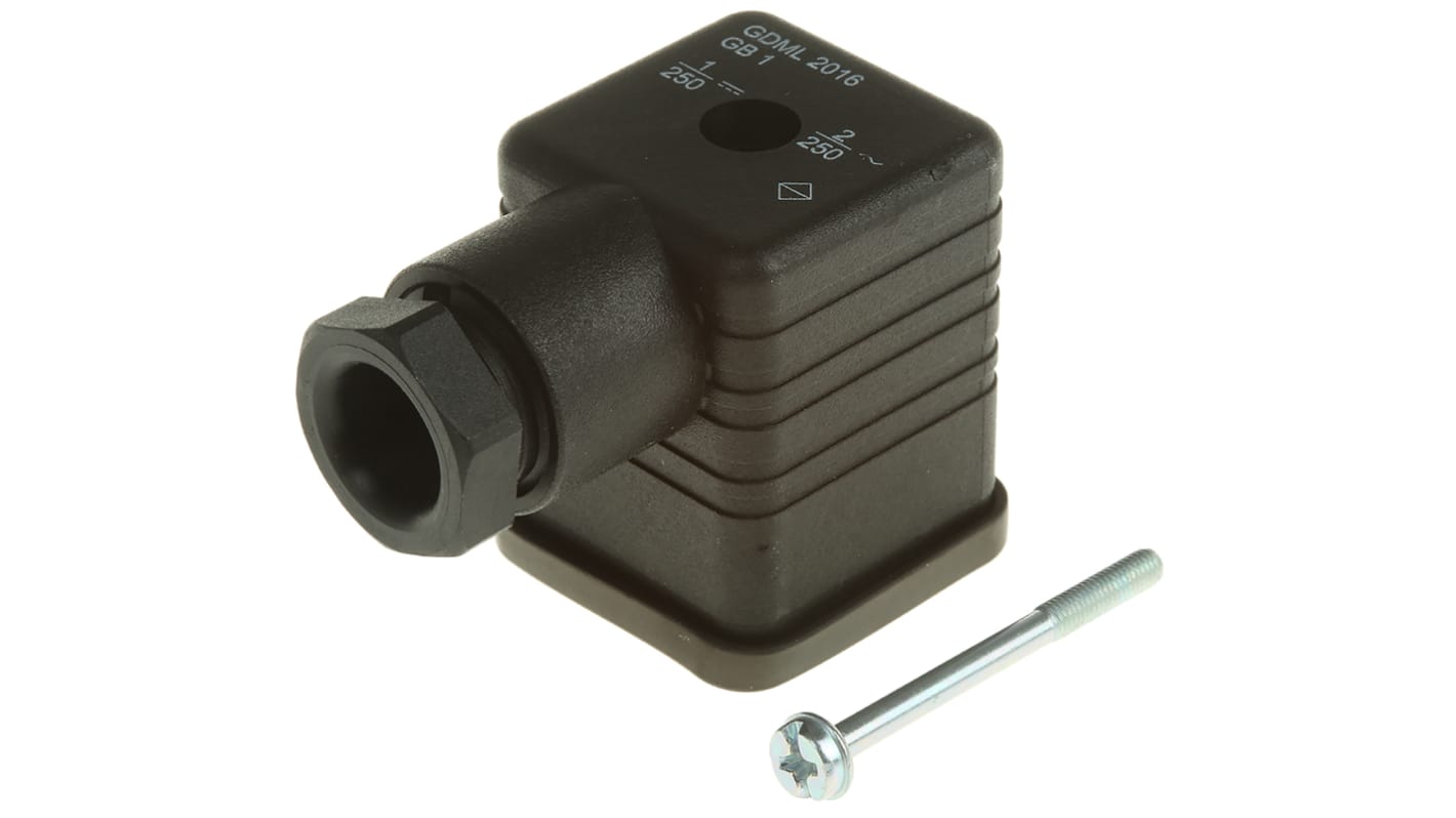 Conector de válvula DIN 43650 A Hirschmann GDML, hembra, 2P+E, 250 V, 2A, con circuito de protección, prensaestopas