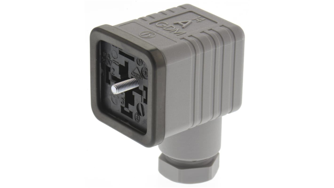 Conector de válvula DIN 43650 A Hirschmann GDM, hembra, 3P+E, 250 V, 16A, prensaestopas M16, IP65, montaje sujeto con