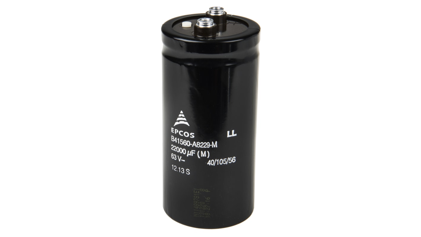 EPCOS B41560, Schraub Aluminium-Elektrolyt Kondensator 22000μF ±20% / 63V dc, Ø 51.6mm x 105.7mm, bis 105°C