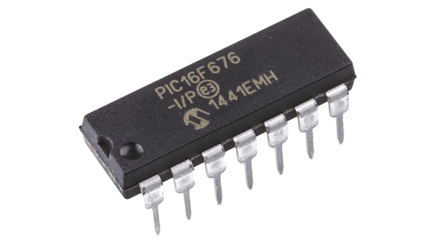 Microchip PIC16F676-I/P, 8bit PIC Microcontroller, PIC16F, 20MHz, 128 B, 1024 x 14 words Flash, 14-Pin PDIP