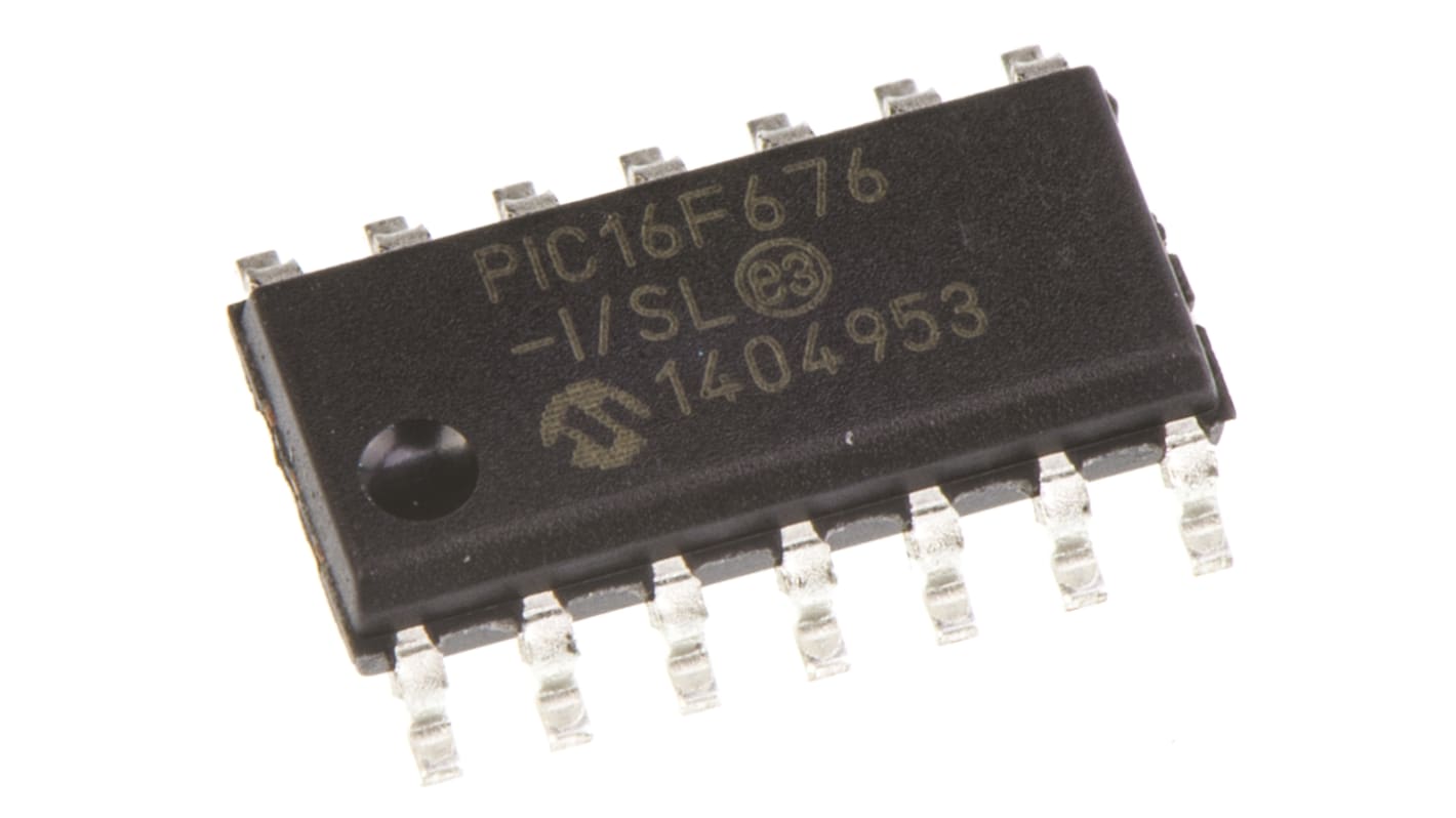 Mikrokontrolér PIC16F676-I/SL 8bit PIC 20MHz 1024 x 14 slov, 128 B Flash 64 B RAM, počet kolíků: 14, SOIC
