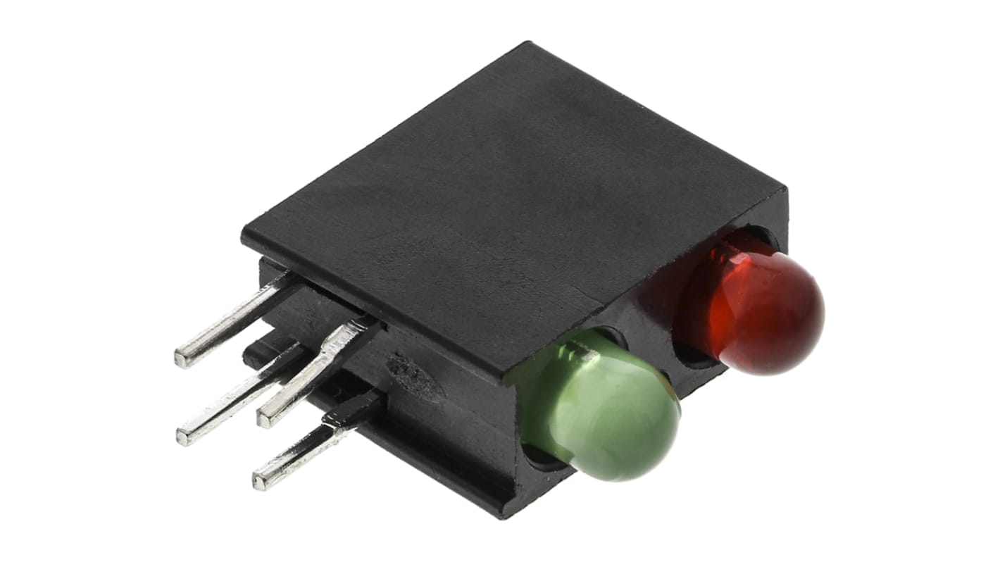 Indicatore LED per PCB Verde, rosso Dialight, 60 °, 2 LEDs, Right-angle, 2,2 V, Montaggio con foro passante