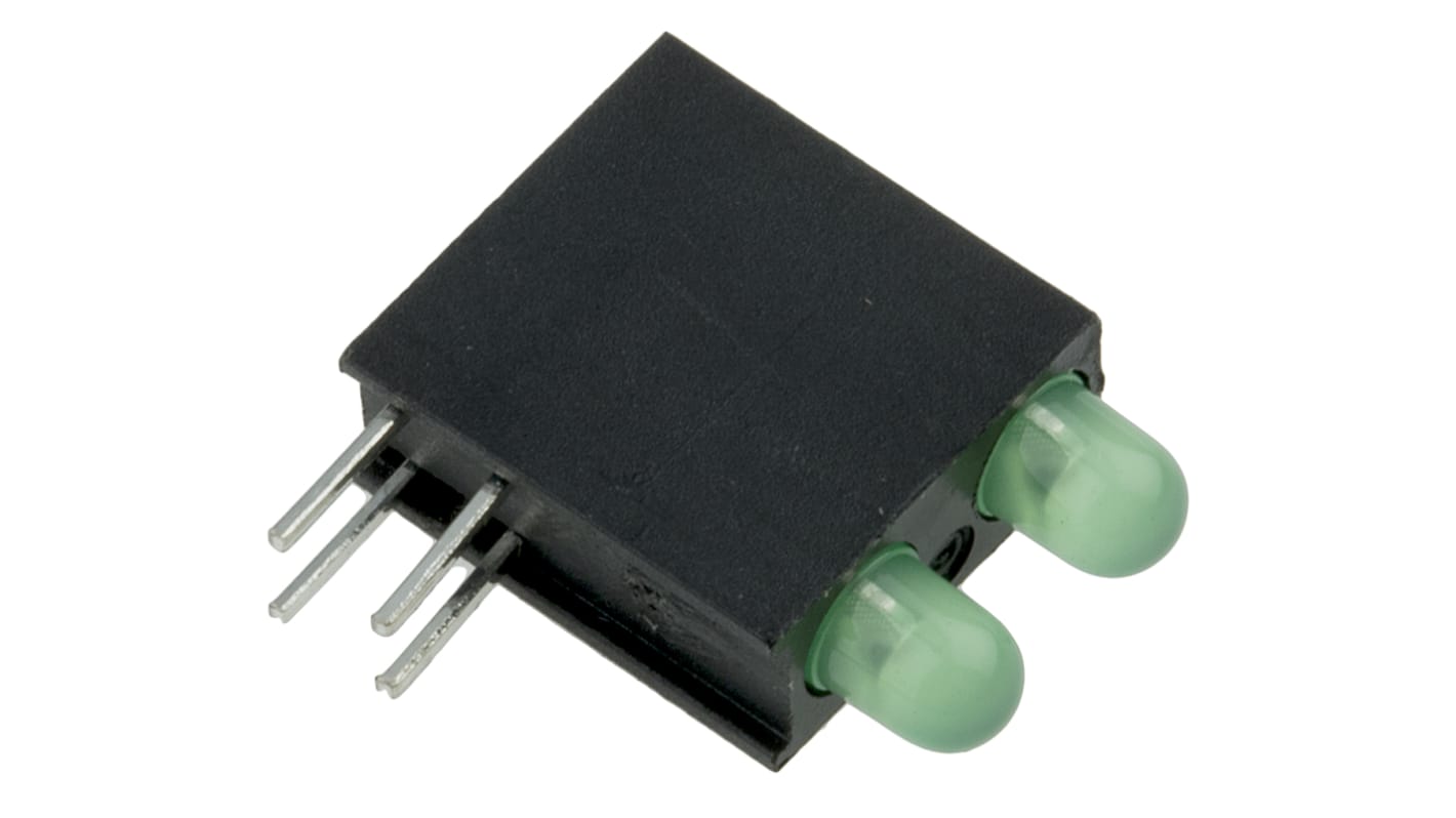 Indicador LED para PCB a 90º Dialight Verde, λ 565 nm, 2 LEDs, 2,2 V, 60 °, dim. 14.06 x 4.32 x 9.65mm, mont. pasante