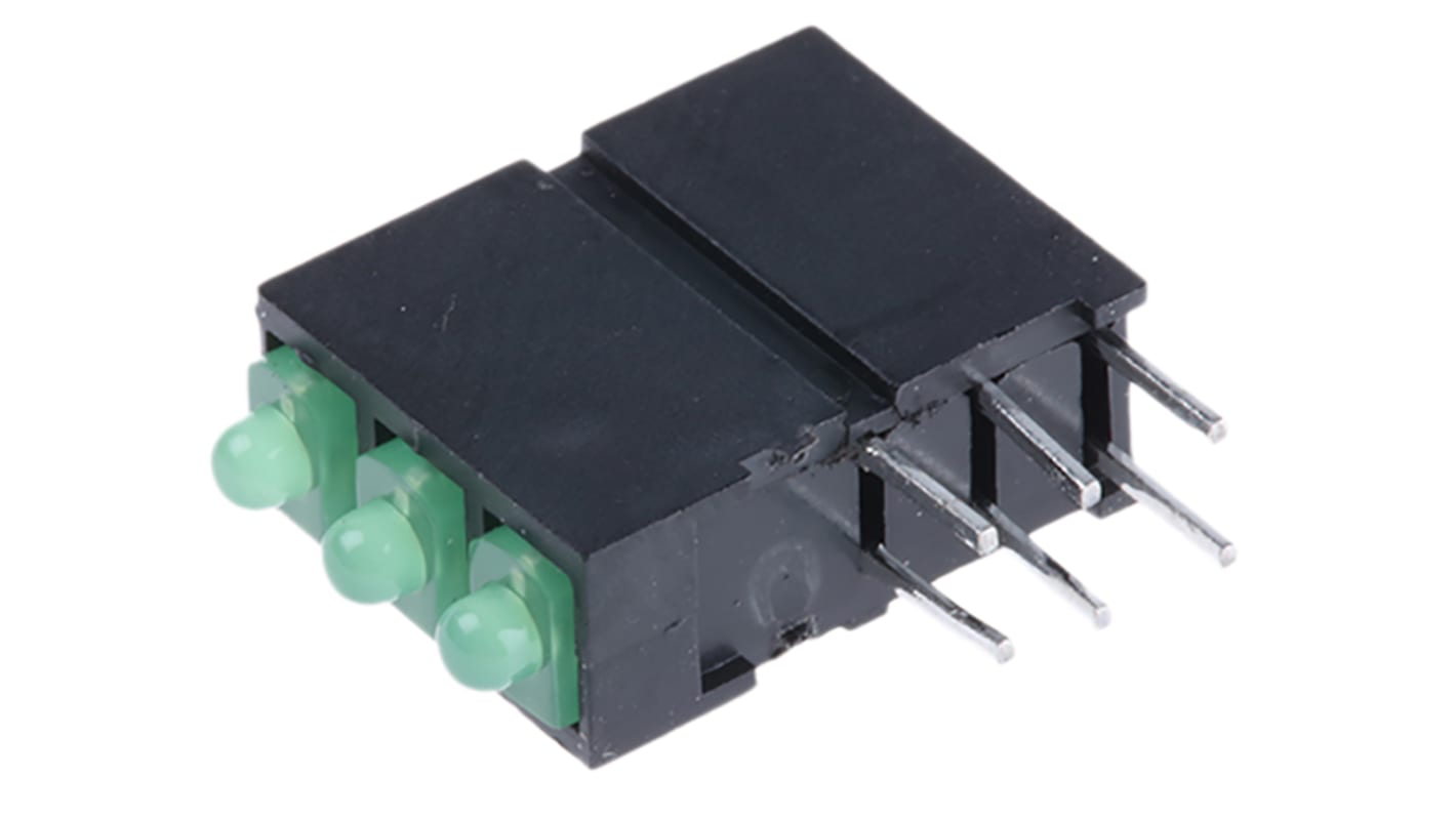 Indicador LED para PCB a 90º Dialight Verde, λ 568 nm, 3 LEDs, 2,5 V, 38 °, dim. 14.62 x 4.97 x 10.17mm, mont. pasante