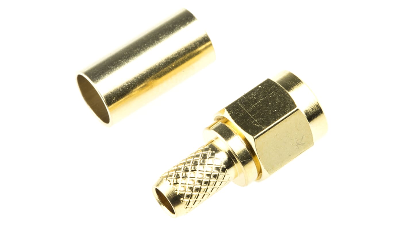 Conector coaxial RS PRO, Macho, Recto, Impedancia 50Ω, Montaje de Cable, Terminación de Crimpado, 12.4GHz, RG142U, Oro