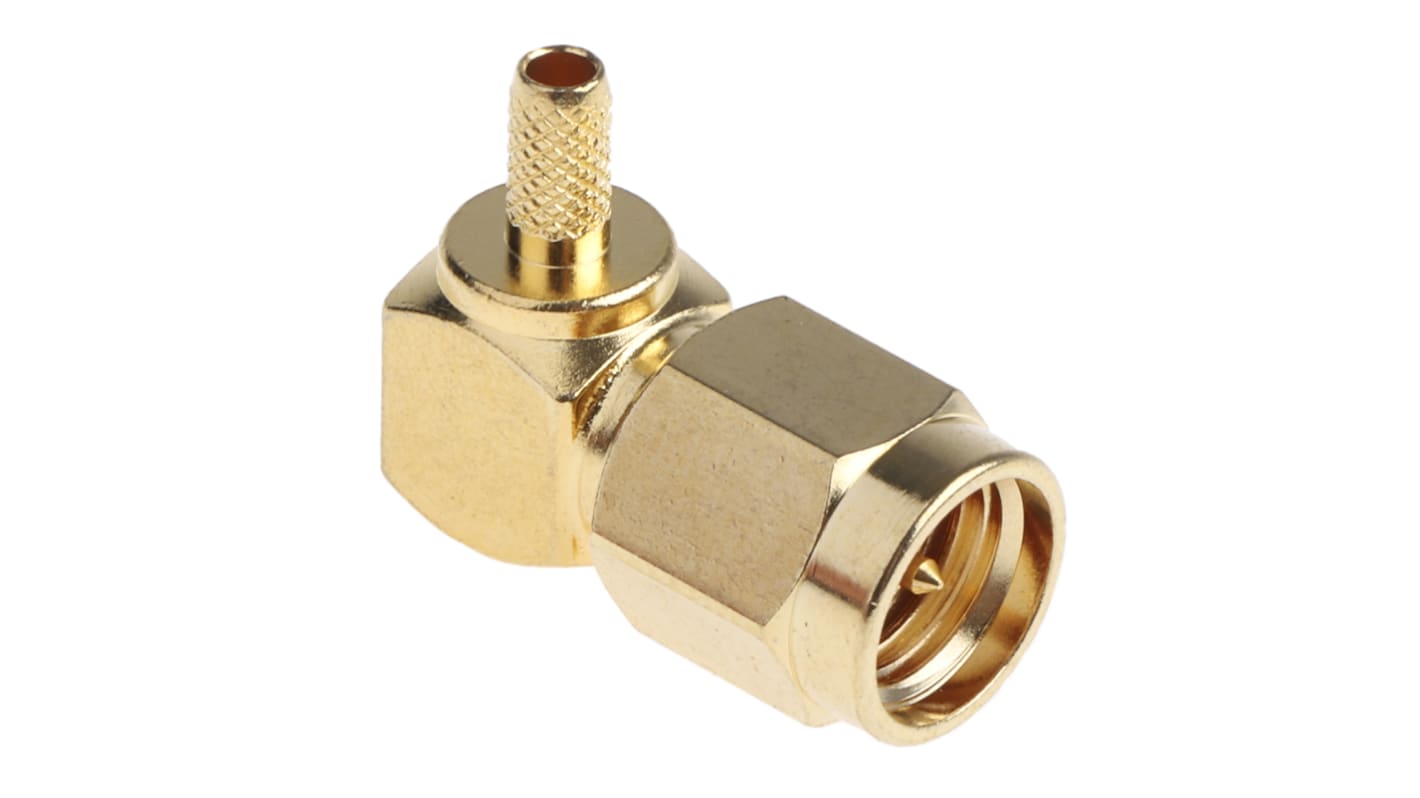 Conector coaxial RS PRO, Macho, Ángulo de 90° , Impedancia 50Ω, Montaje de Cable, Terminación de Crimpado, 6GHz, RG174,