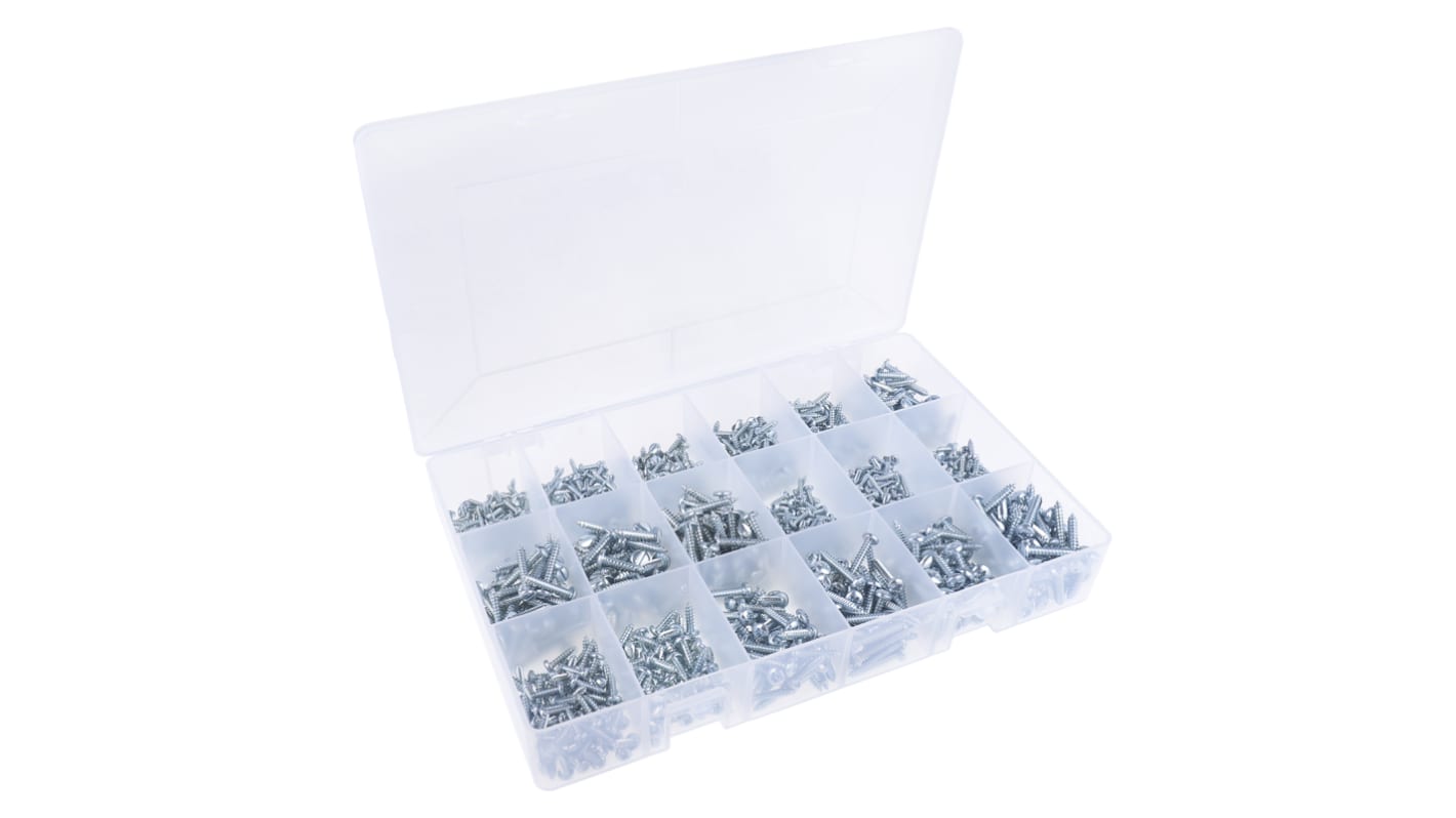 Kit de tornillos autorroscantes M4, M6, M8, M10 de Acero con huella Pozidriv, ranurado RS PRO, contiene 1.200 piezas