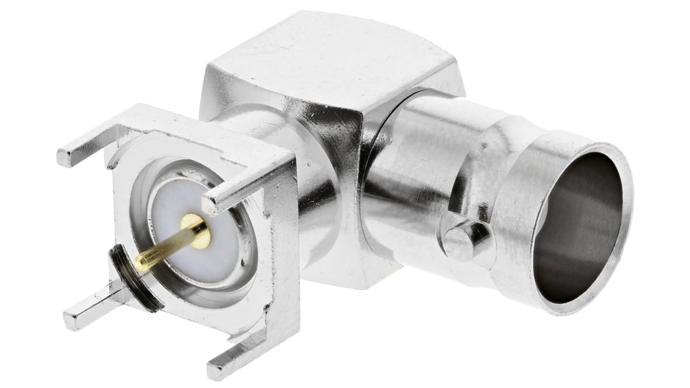 Conector coaxial RS PRO, Hembra, Ángulo de 90° , Impedancia 75Ω, Montaje en PCB, Terminación de Orificio Pasante, 0 to