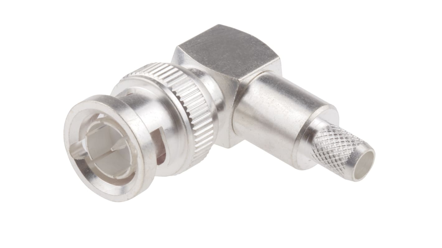 Conector coaxial RS PRO, Macho, Ángulo de 90° , Impedancia 50Ω, Montaje de Cable, Terminación de Crimpado, RG58A, Plata