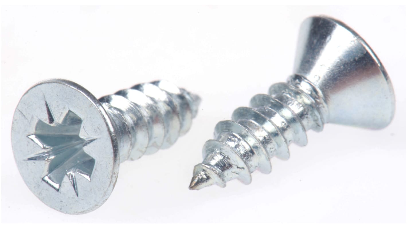 RS PRO Bright Zinc Plated, Clear Passivated Steel Countersunk Head Self Tapping Screw, N°8 x 1/2in Long 13mm Long