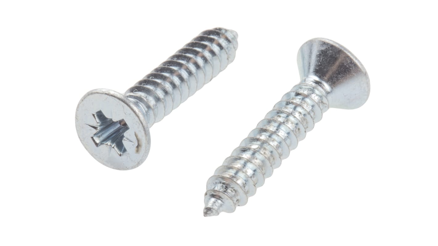 RS PRO Bright Zinc Plated, Clear Passivated Steel Countersunk Head Self Tapping Screw, N°10 x 1in Long 25mm Long