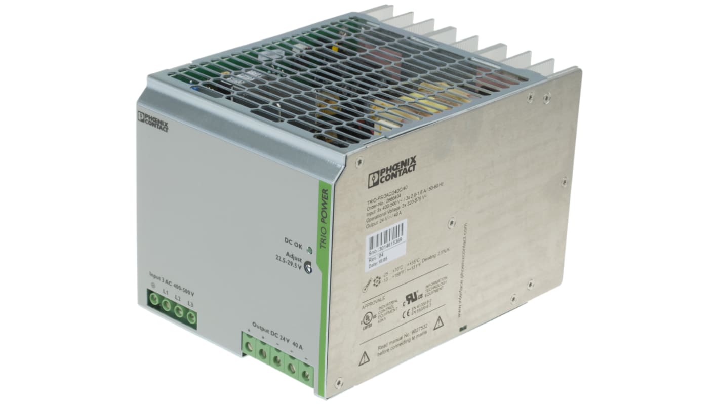 Phoenix Contact TRIO-PS/3AC/24DC/40 Switch Mode DIN Rail Power Supply, 400V ac ac Input, 24V dc dc Output, 40A Output,