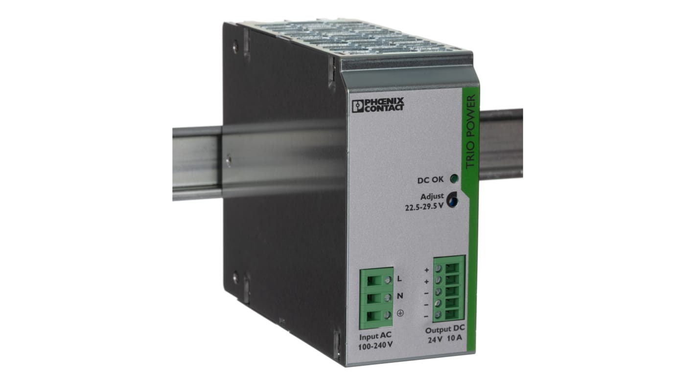 Phoenix Contact TRIO-PS/1AC/24DC/10 Switched Mode DIN Rail Power Supply, 85 → 264V ac ac Input, 24V dc dc