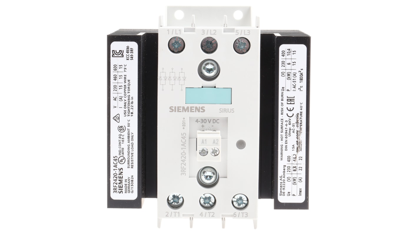 Relé de estado sólido Siemens de 3 polos, contactos 3P-NA, control 4 → 30 V dc, carga 48 → 600V, 20 A