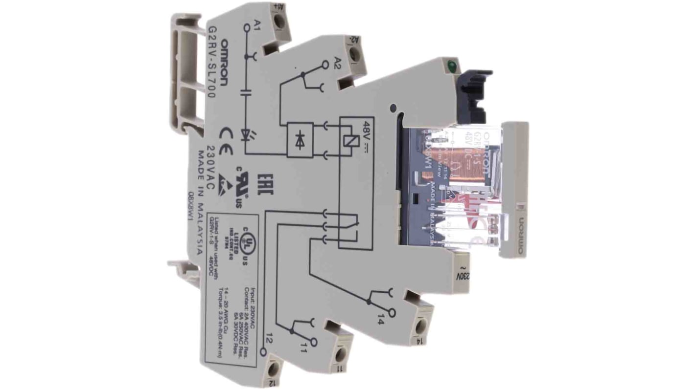 Relé sin enclavamiento Omron G2RV, SPDT, bobina 230V ac, 6A, Carril DIN