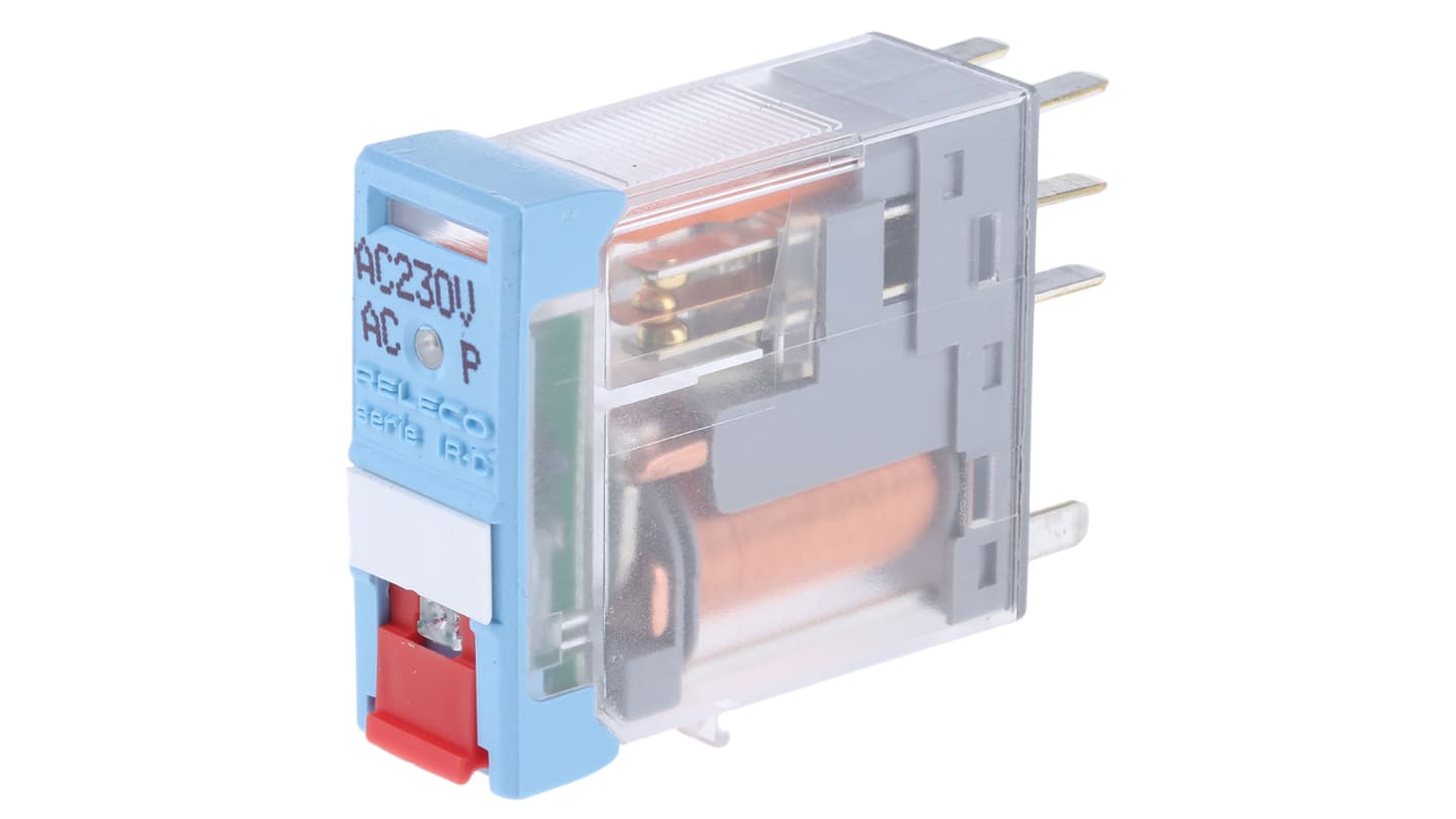 Relé de potencia sin enclavamiento Releco C12 de 2 polos, DPDT, bobina 230V ac, 5A, Montaje en PCB