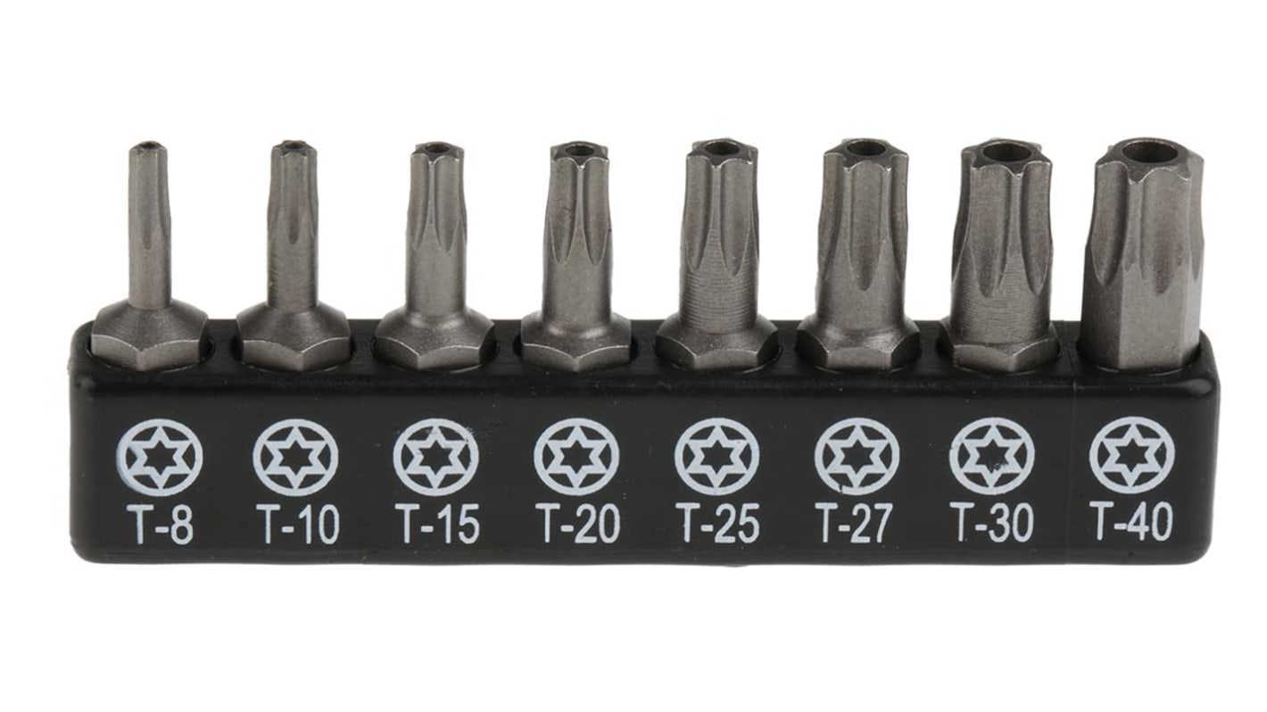 8 darabos Króm molibdén vanádium acél Szabotázsbiztos Torx kulcsok, Bitkészlet csavarbehajtóhoz, T8 és T40 x 25 mm
