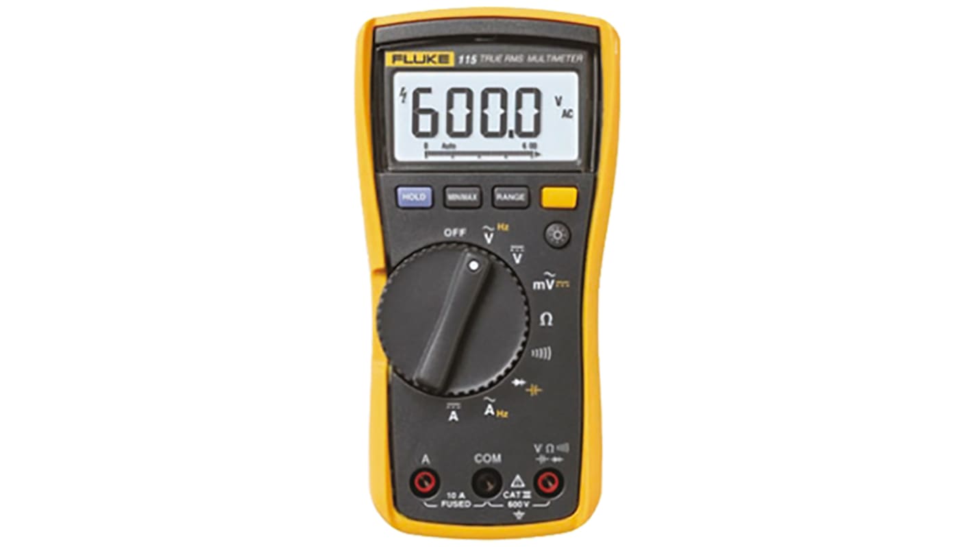 Fluke 115 Hand LCD Digital-Multimeter, CAT III 600V ac / 10A ac, 40MΩ, DKD/DAkkS-kalibriert