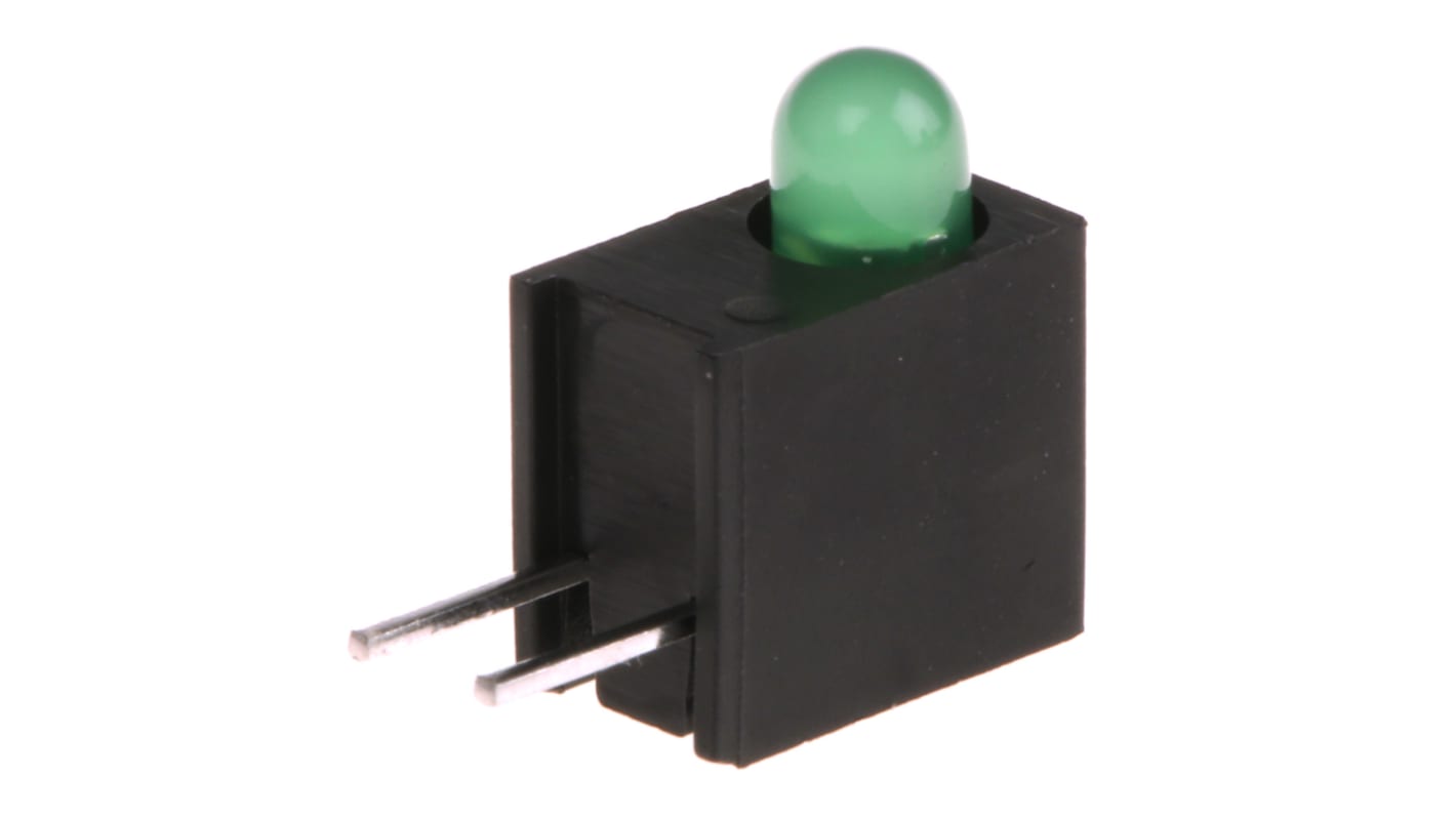 Indicador LED para PCB a 90º Kingbright Verde, λ 568 nm, 1 LED, 2,5 V, 40 °, dim. 8.89 x 4.32 x 7.3mm, mont. pasante