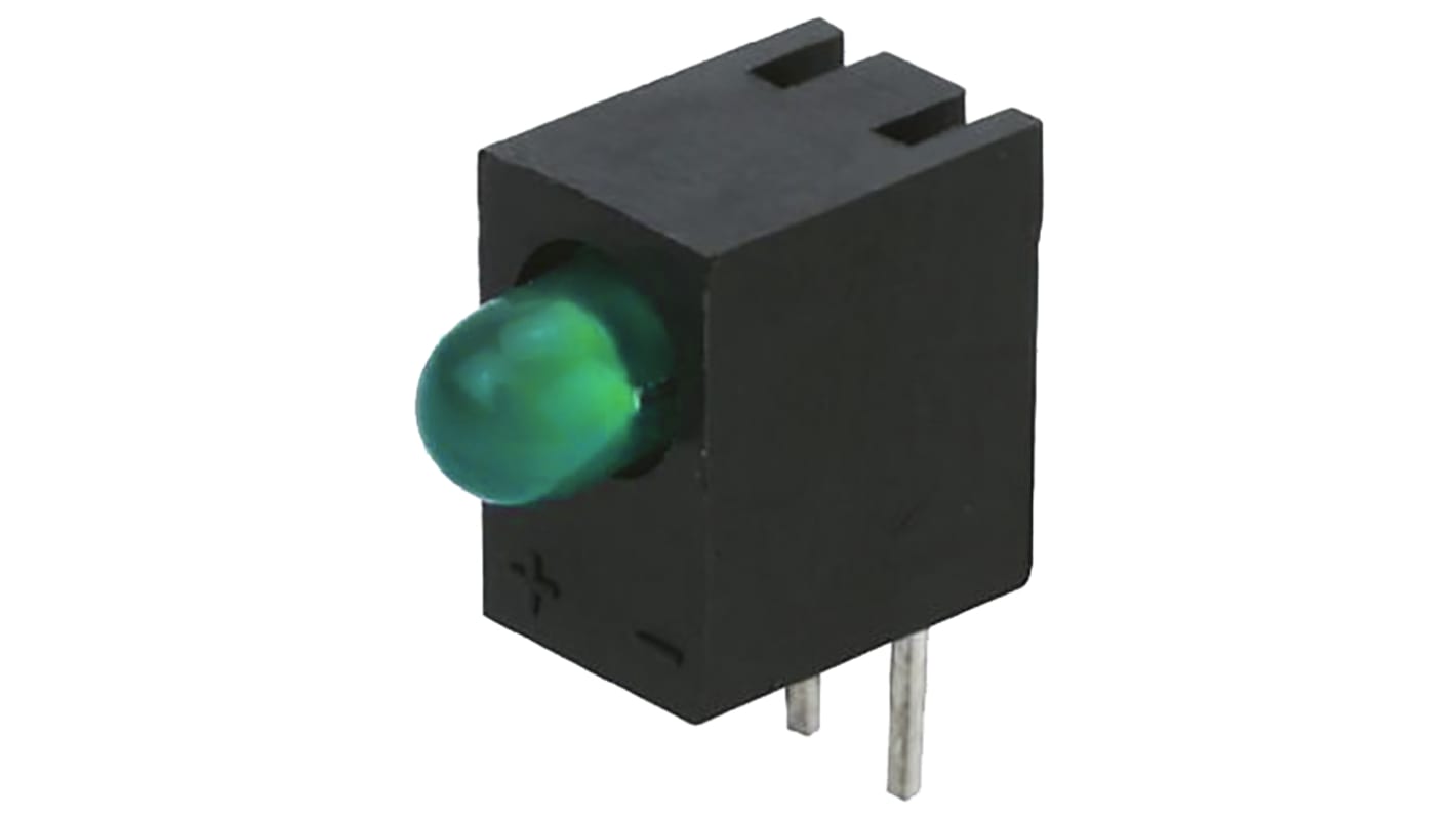 Indicador LED para PCB a 90º Kingbright Verde, λ 568 nm, 1 LED, 2,5 V, 60 °, dim. 8.89 x 4.32 x 7.3mm, mont. pasante