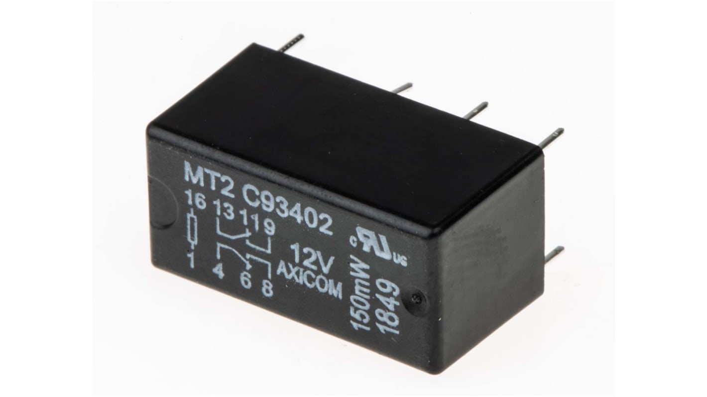 Jelrelé DPDT, Nyomtatott áramkörre szerelhető, 2 A, 12V dc, használható:(Jel) alkalmazásokhoz MT2