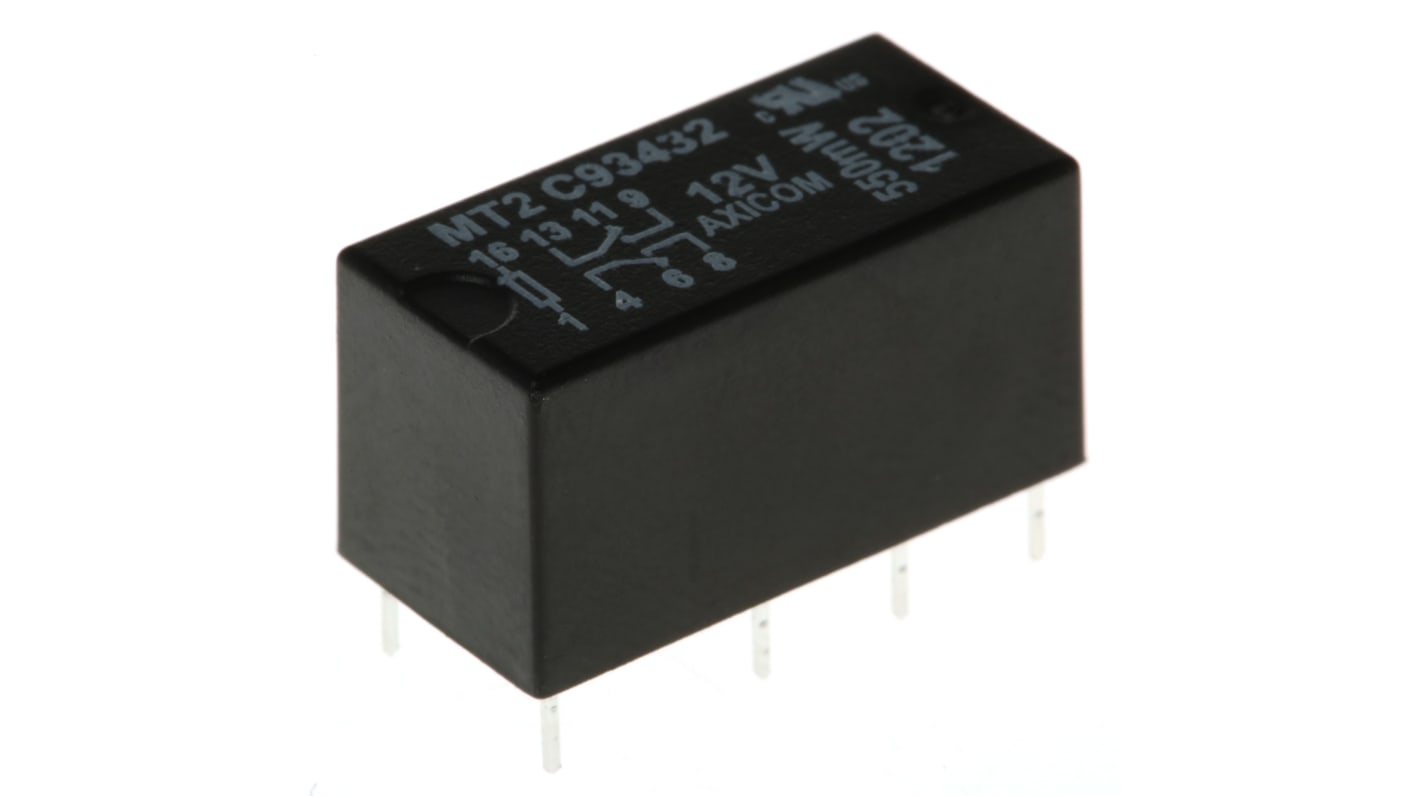 TE Connectivity PCB Mount Signal Relay, 12V dc Coil, 2A Switching Current, DPDT