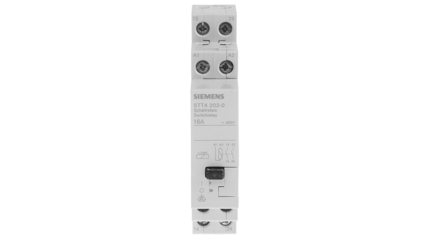 Relé de potencia sin enclavamiento Siemens 5TT4 de 2 polos, DPST, bobina 230V ac, 16A, Carril DIN