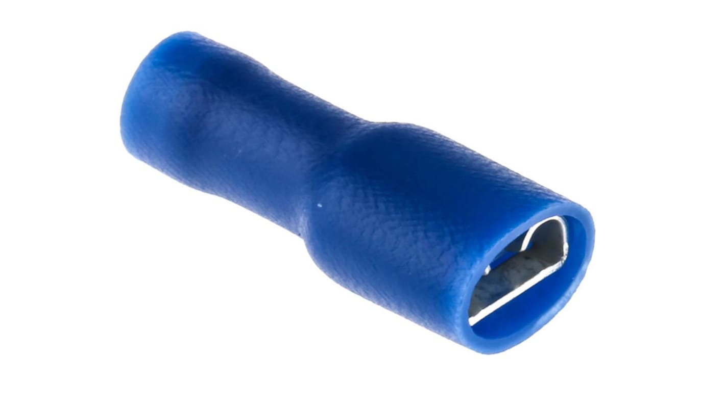 RS PRO Blue Insulated Female Spade Connector, Double Crimp, 6.35 x 0.8mm Tab Size, 1.5mm² to 2.5mm²