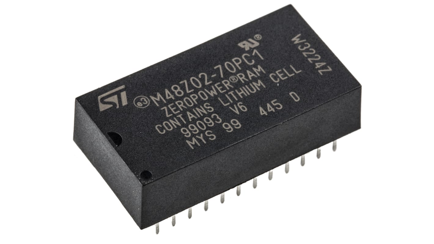 STMicroelectronics NVRAM M48Z02-70PC1 16kbit, , furatszerelt, 4,75 V – 5,5 V, 0 °C – +70 °C, 24-tüskés, PCDIP