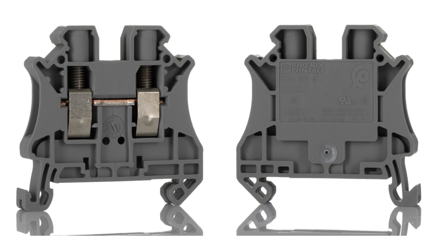 Phoenix Contact UT 6 Series Grey Feed Through Terminal Block, 0.2 → 10mm², Single-Level, Screw Termination, ATEX