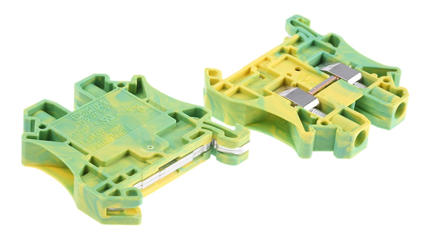 Phoenix Contact UT 6-PE Series Green/Yellow Feed Through Terminal Block, 0.2 → 10mm², Single-Level, Screw