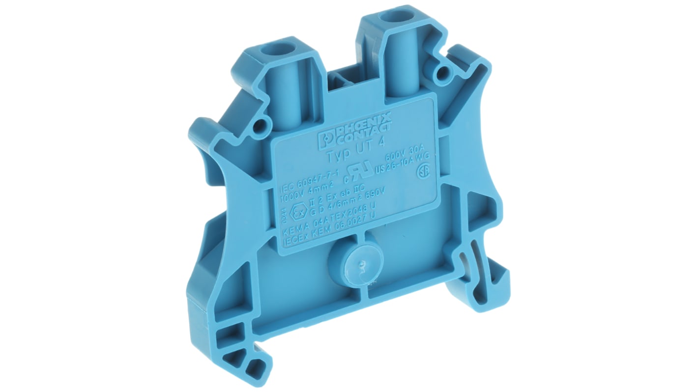 Phoenix Contact UT 4 BU Series Blue Feed Through Terminal Block, 0.14 → 4mm², Single-Level, Screw Termination,