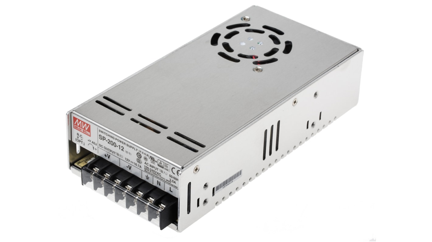 Mean Well Embedded Switch Mode Power Supply SMPS, SP-200-12, 12V dc, 16.7A, 200W, 1 Output, 120 → 370 V dc, 85