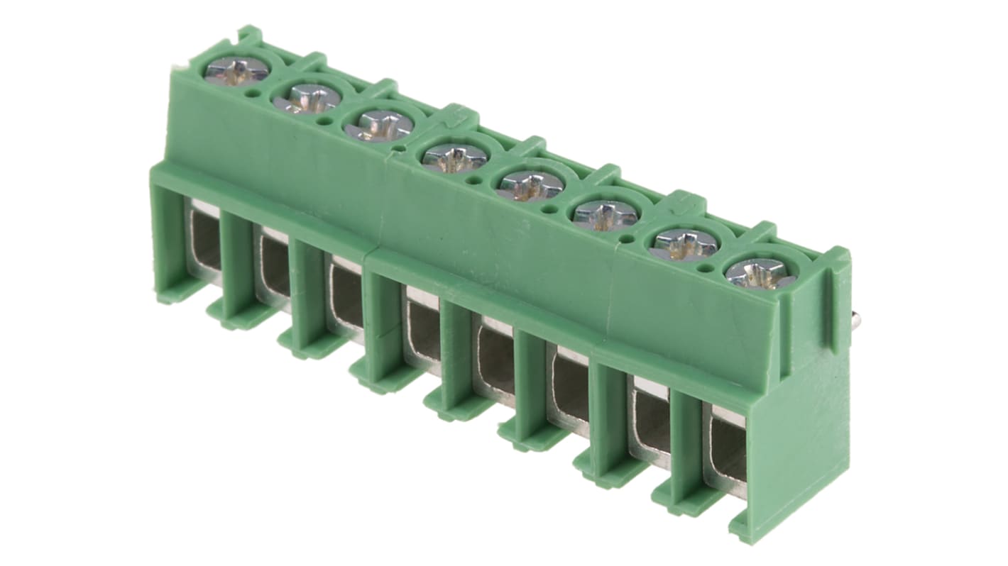 Borne para PCB Macho Ángulo de 90° Phoenix Contact de 8 vías , paso 5mm, 32A, de color Verde, montaje Montaje en