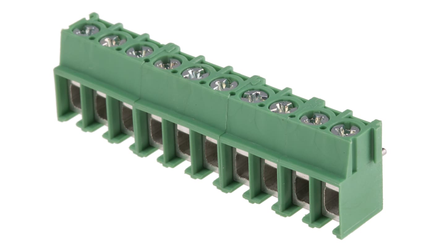 Borne para PCB Macho Ángulo de 90° Phoenix Contact de 10 vías , paso 5mm, 32A, de color Verde, montaje Montaje en