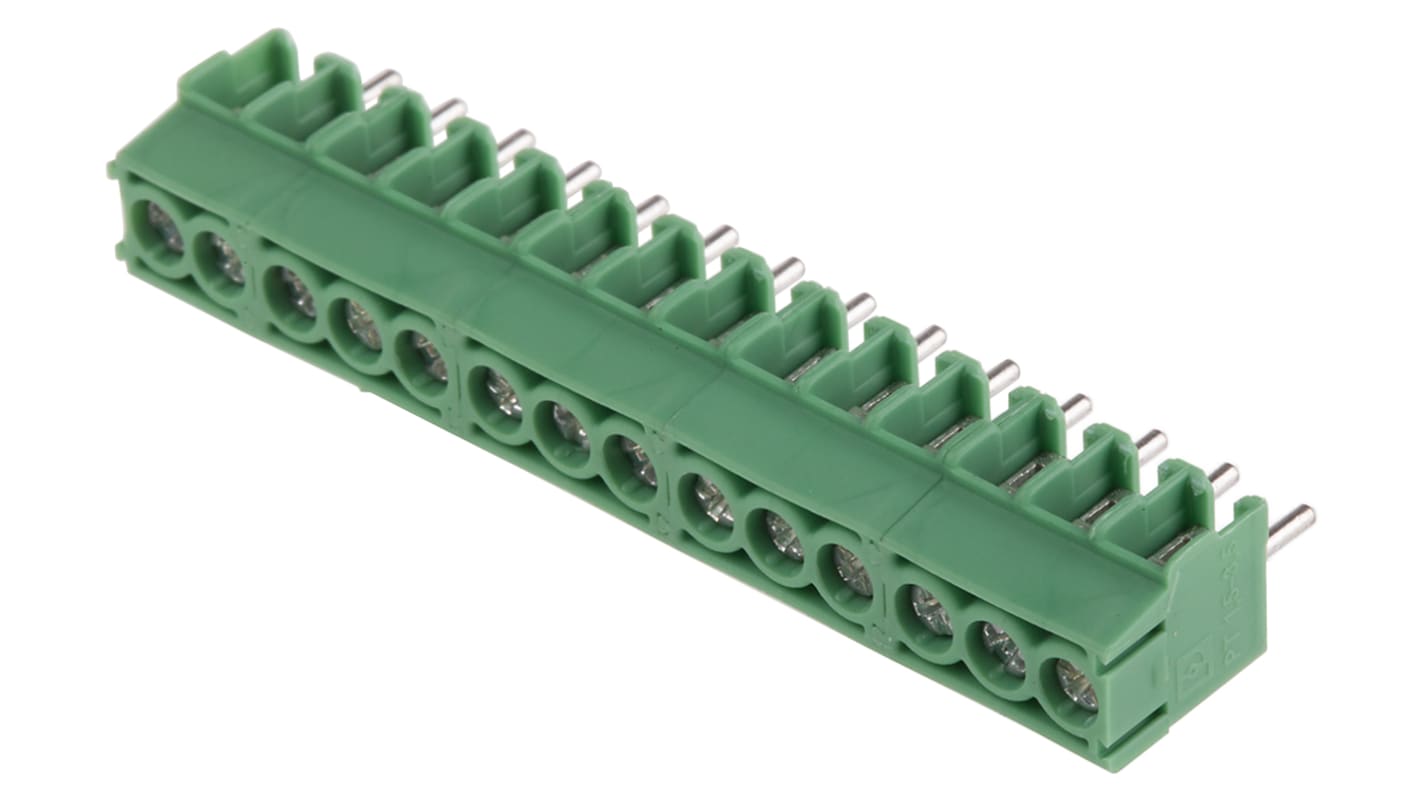 Bloque de terminal PCB Ángulo recto Phoenix Contact de 14 vías, paso 3.5mm, 10A, de color Verde, montaje Montaje en