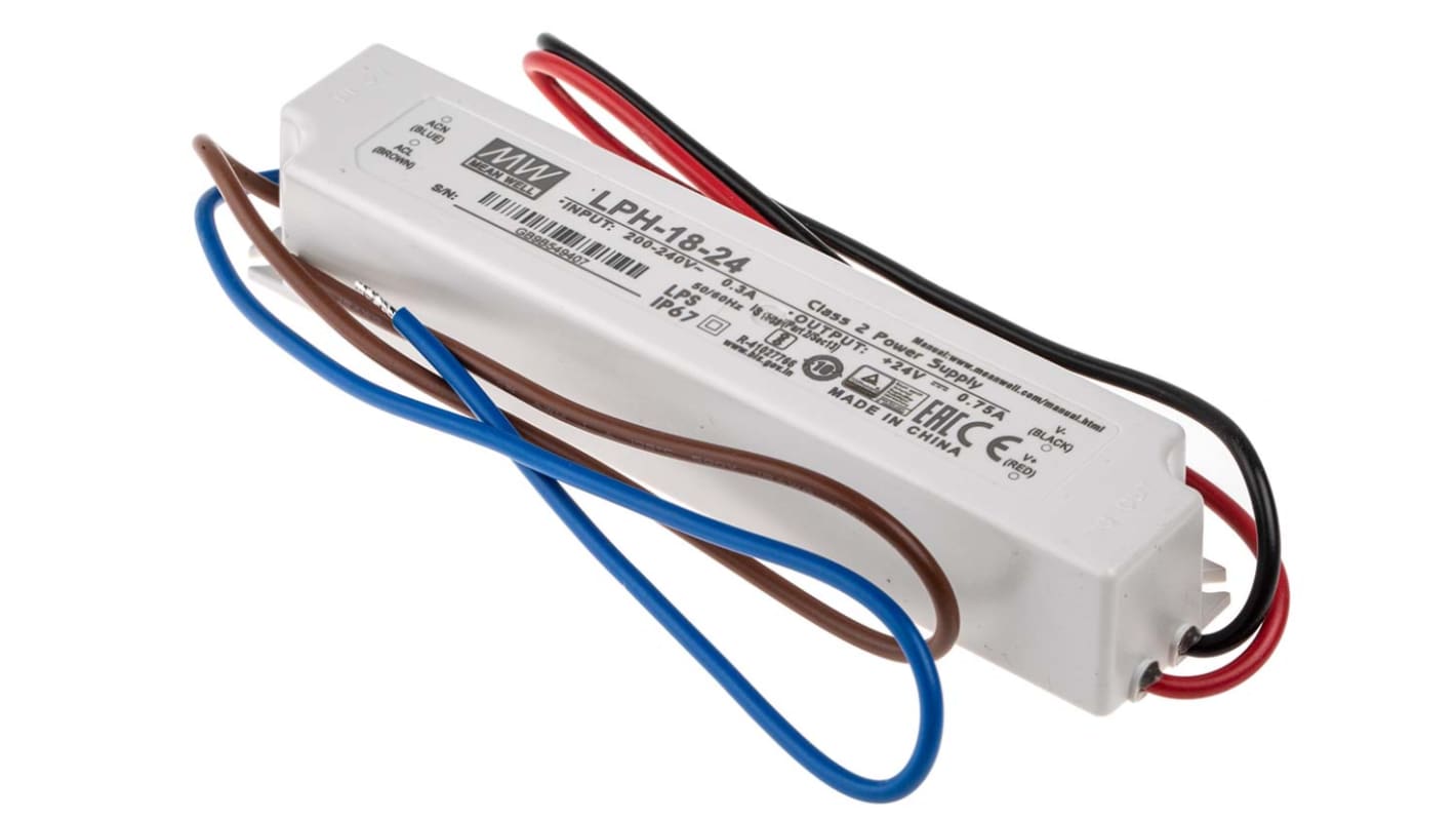 MEAN WELL LED Driver, 24V Output, 18W Output, 0 → 750mA Output, Constant Voltage