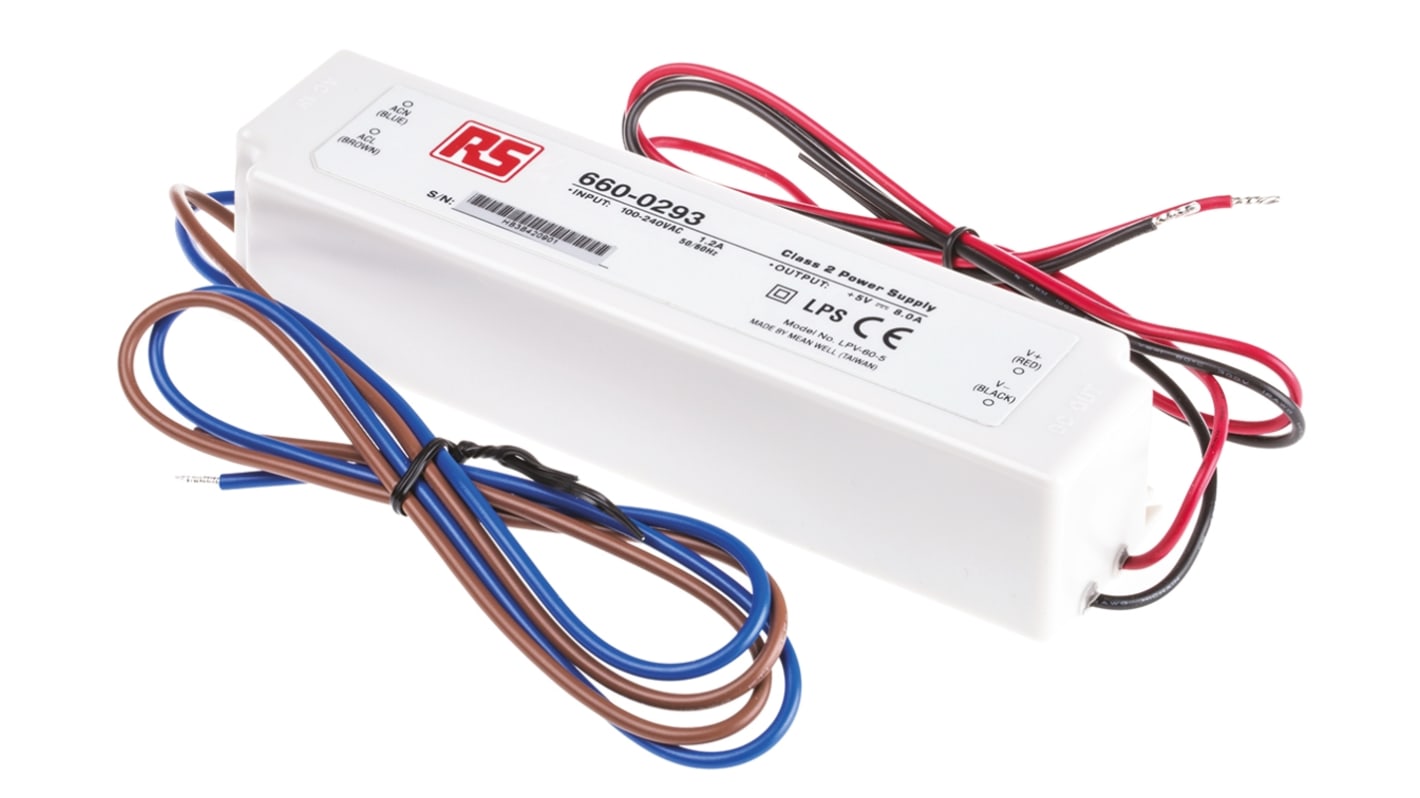 Driver LED Mean Well, 40W, IN 90 → 264V ca, OUT 5V, 8A