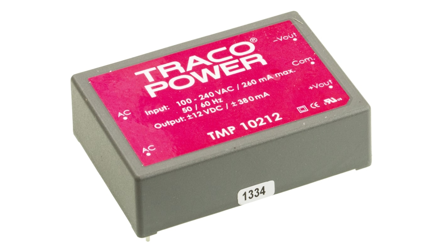 TRACOPOWER Switching Power Supply, TMP 10212, ±12V dc, 380mA, 10W, Dual Output, 120 → 370 V dc, 85 → 264