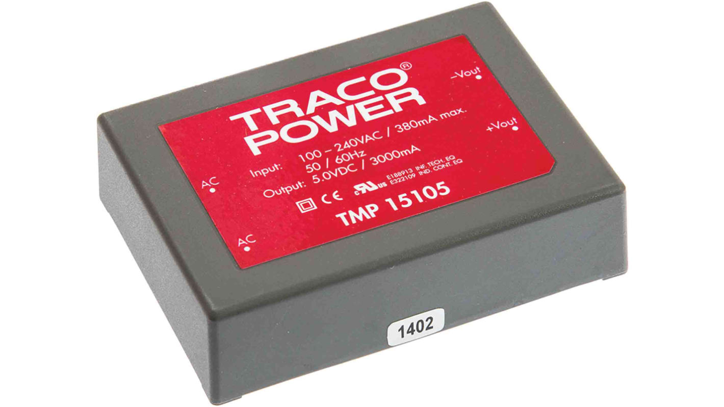 TRACOPOWER Switching Power Supply, TMP 15105, 5V dc, 3A, 15W, 1 Output, 120 → 370 V dc, 85 → 264 V ac
