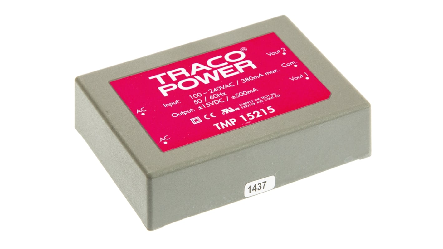 Fuente de alimentación conmutada TRACOPOWER serie TMP, ±15V dc, 500mA, 15W, 2 salidas, Montaje en PCB