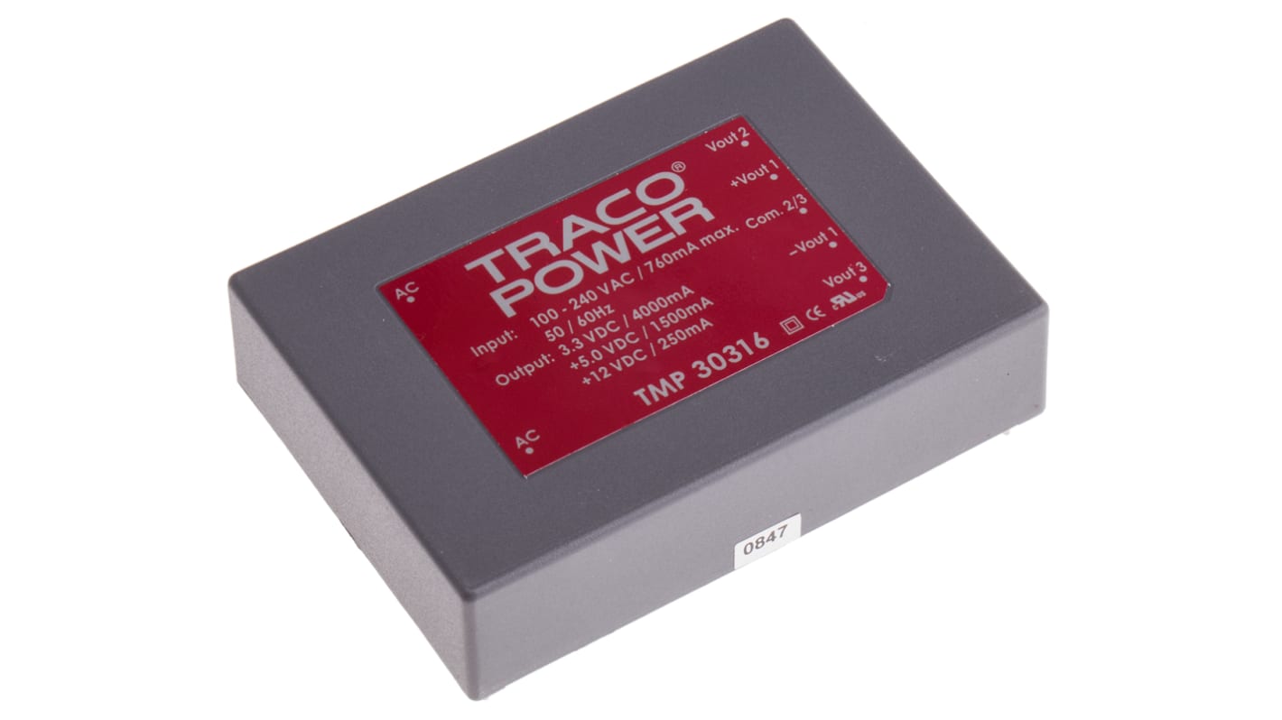 TRACOPOWER Embedded Switch Mode Power Supply SMPS, TMP 30316, 3.3 V dc, 5 V dc, 1.5 A, 4 A, 250 mA, 30W, Triple Output,